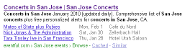 Google-Suchergebnisse bei der Suche nach „concert in san jose”. 